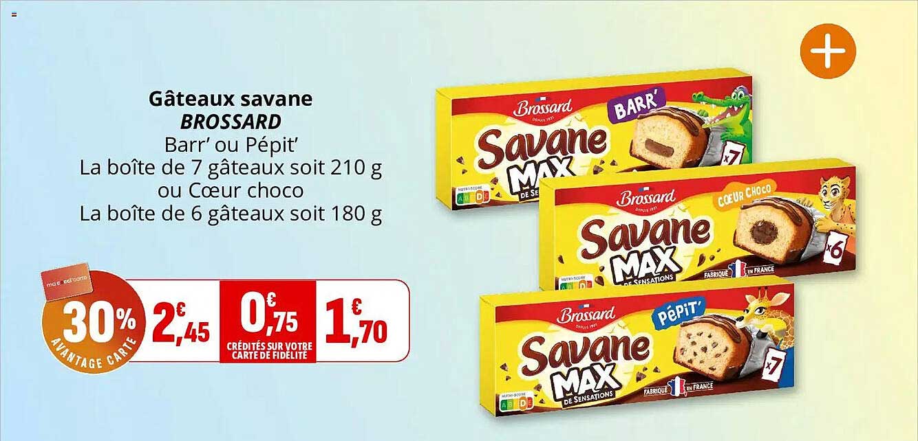 Gâteaux savane BROSSARD Barr' ou Pépit' La boîte de 7 gâteaux soit 210 g ou Cœur choco La boîte de 6 gâteaux soit 180 g