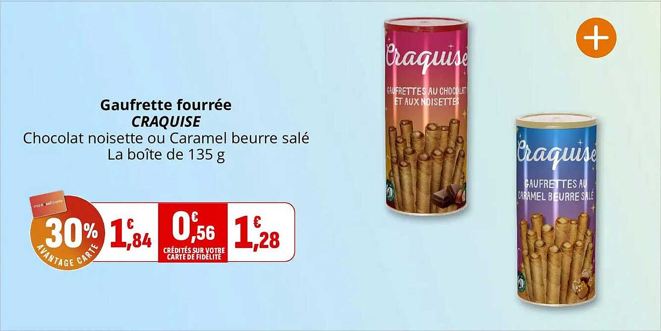 Gaufrette fourrée CRAQUISE Chocolat noisette ou Caramel beurre salé La boîte de 135 g