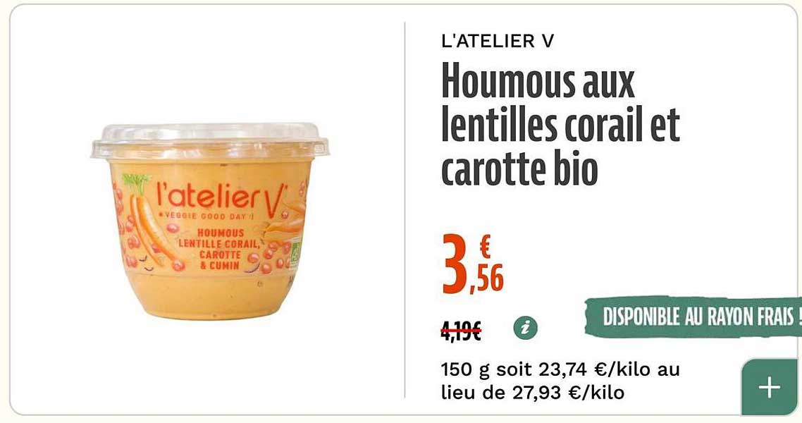 Houmous aux lentilles corail et carotte bio