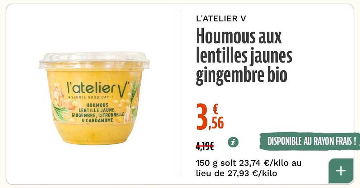 Houmous aux lentilles jaunes gingembre bio