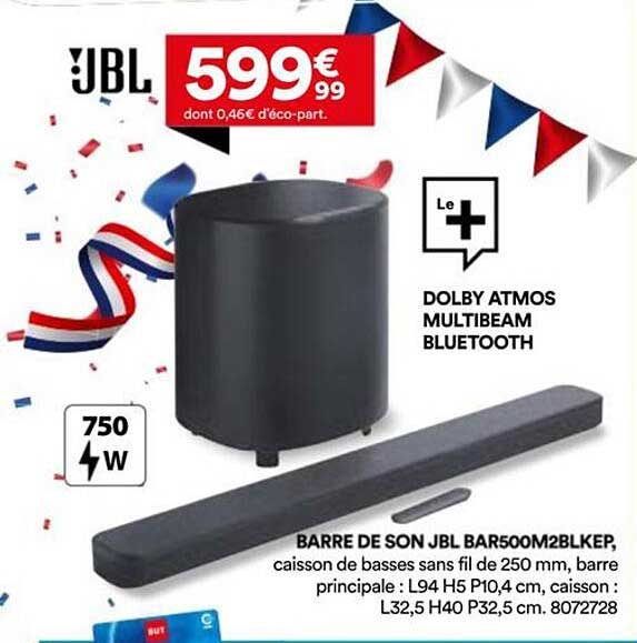 JBL BAR500M2BLKEP, caisson de basses sans fil de 250 mm, barre principale : L94 H5 P4 cm, caisson : L32,5 H40 P32,5 cm. 8072728