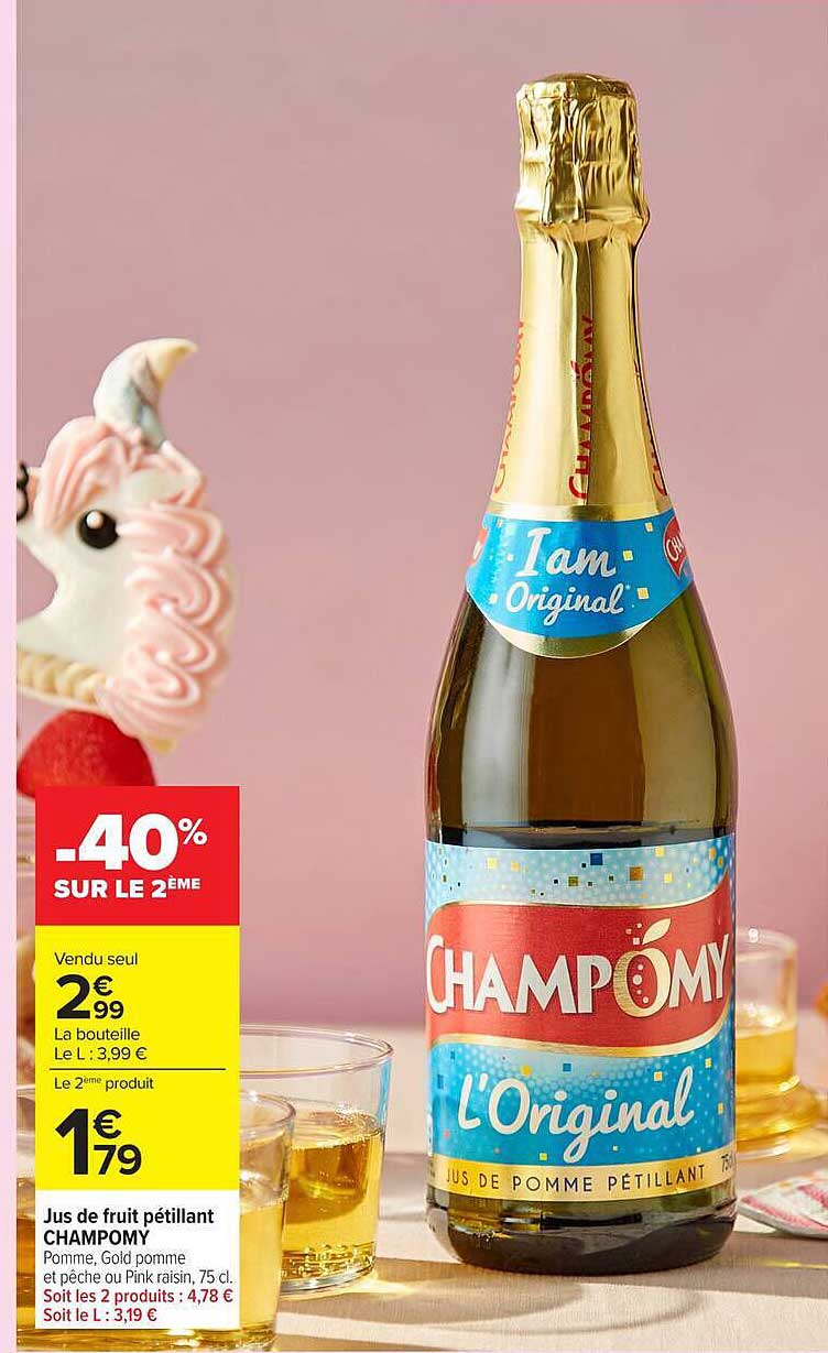 Jus de fruit pétillant CHAMPOMY Pomme, Gold pomme et pêche ou Pink raisin, 75 cl.
