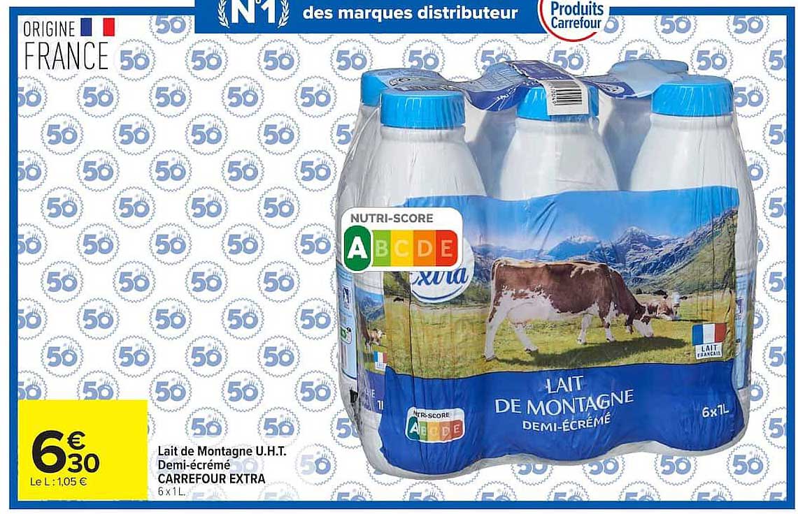 Lait de Montagne U.H.T. Demi-écrémé CARREFOUR EXTRA 6 x 1 L