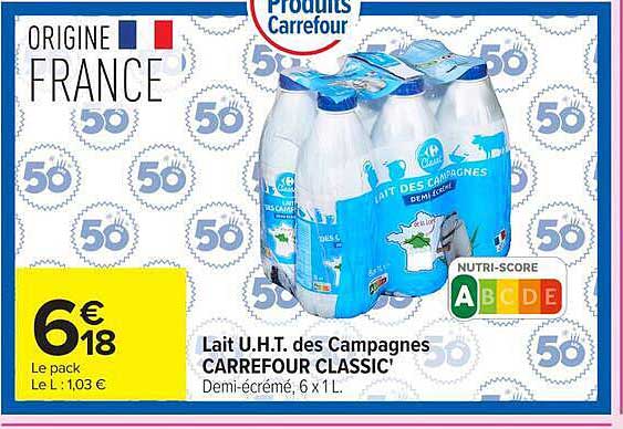 Lait U.H.T. des Campagnes CARREFOUR CLASSIC' Demi-écrémé, 6 x 1 L.