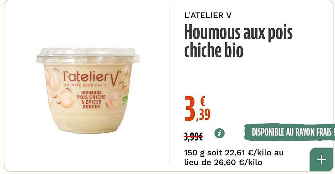 L'ATELIER V Houmous aux pois chiche bio