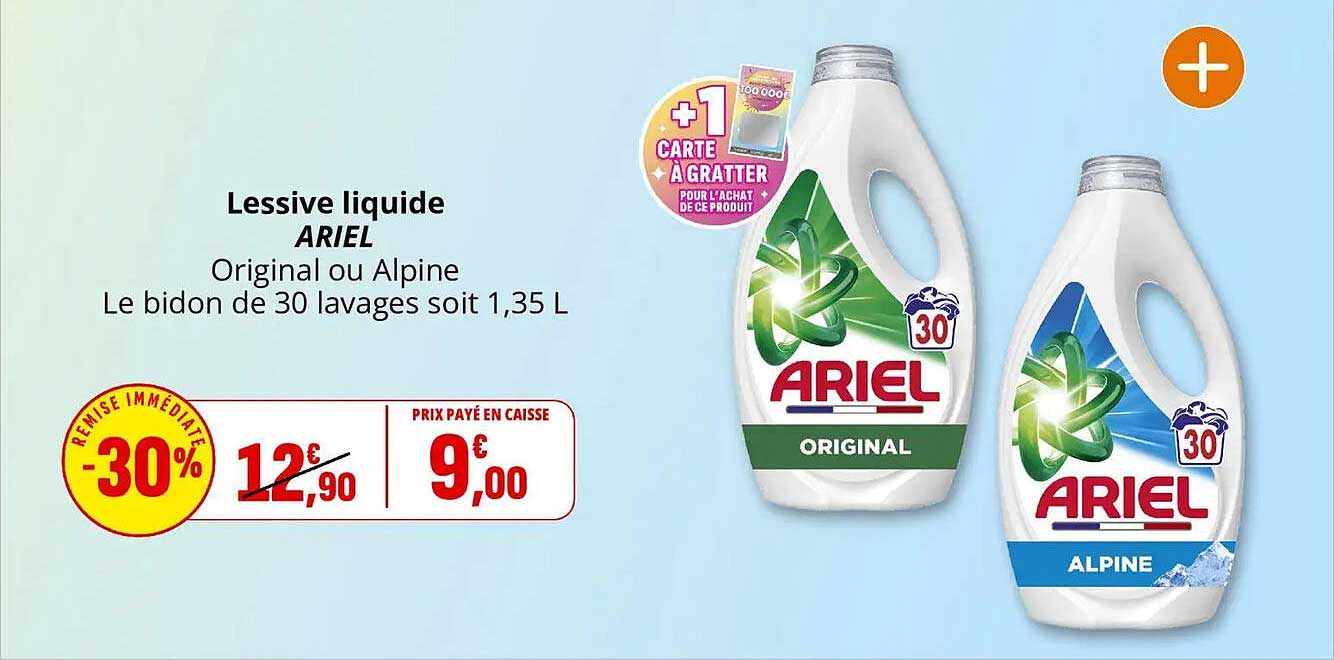 Lessive liquide ARIEL Original ou Alpine Le bidon de 30 lavages soit 1,35 L