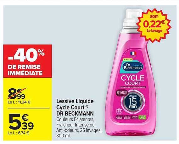Lessive Liquide Cycle Court(d) DR BECKMANN Couleurs Eclatantes, Fraîcheur Intense ou Anti-odeurs, 25 lavages, 800 ml