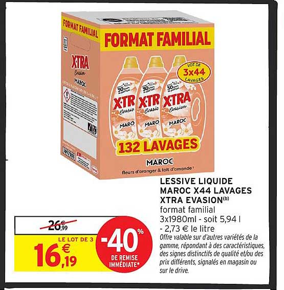 LESSIVE LIQUIDE MAROC X44 LAVAGES XTRA EVASION(b) format familial 3x1980ml - soit 5,94 l - 2,73 € le litre