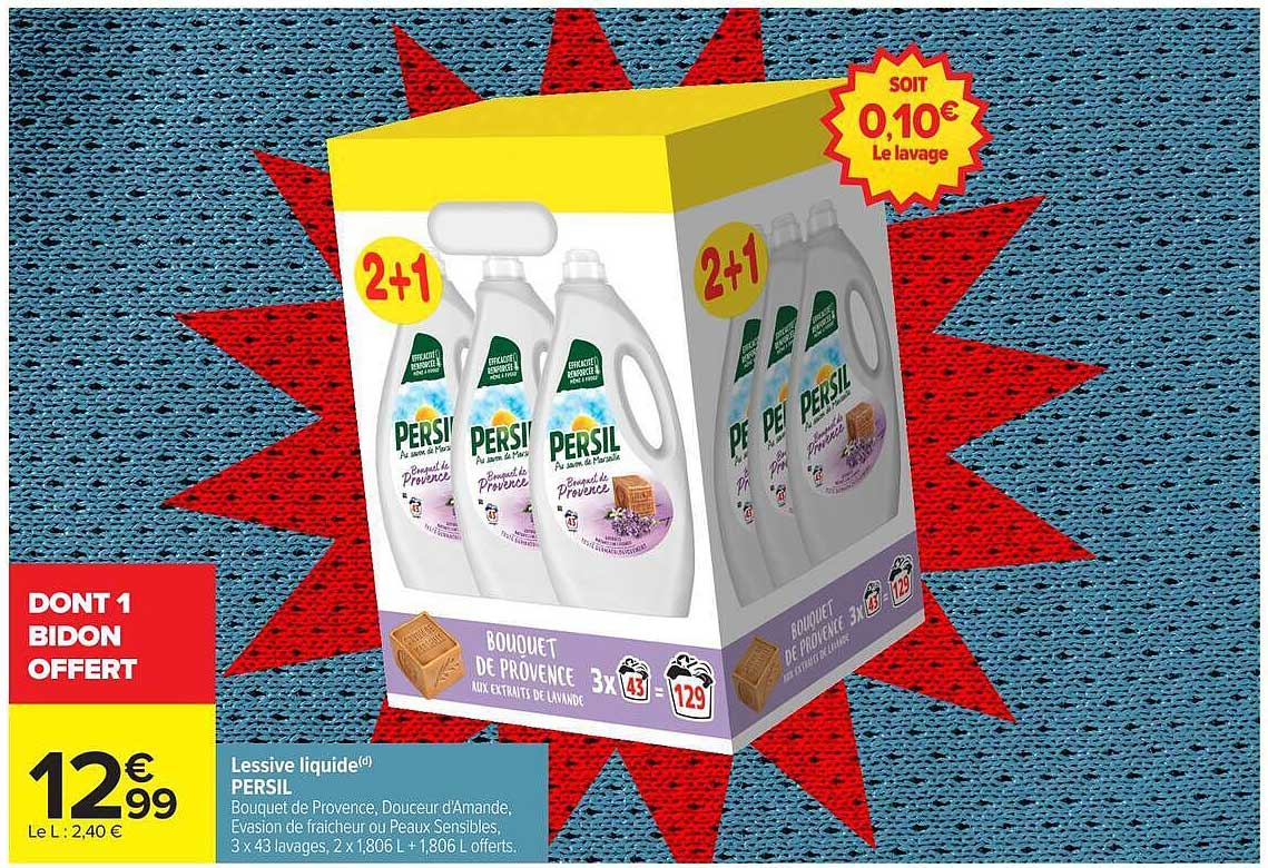 Lessive liquide PERSIL Bouquet de Provence, Douceur d’Amande, Evasion de fraicheur ou Peaux Sensibles, 3 x 43 lavages, 2 x 1,806 L + 1,806 L offerts.