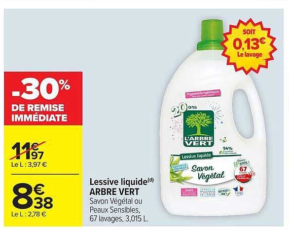 Lessive liquide(d) ARBRE VERT Savon Végétal ou Peaux Sensibles, 67 lavages, 3,015 L.