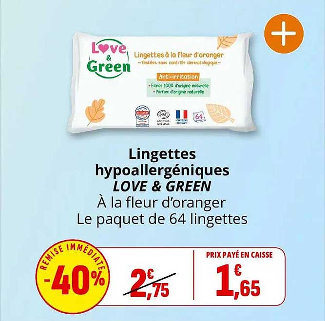 Lingettes hypoallergéniques LOVE & GREEN À la fleur d'oranger Le paquet de 64 lingettes