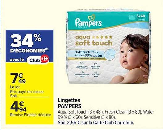Lingettes PAMPERS Aqua Soft Touch (3 x 48), Fresh Clean (3 x 80), Water 99 % (3 x 60), Sensitive (3 x 80)