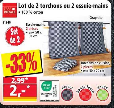 Lot de 2 torchons ou 2 essuie-mains