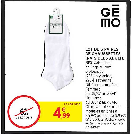 LOT DE 5 PAIRES DE CHAUSSETTES INVISIBLES ADULTE