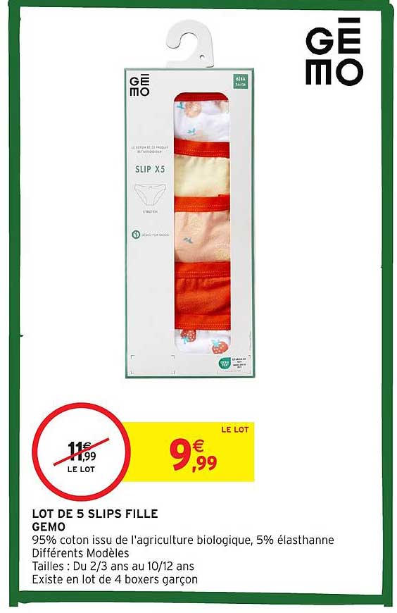 LOT DE 5 SLIPS FILLE GEMO