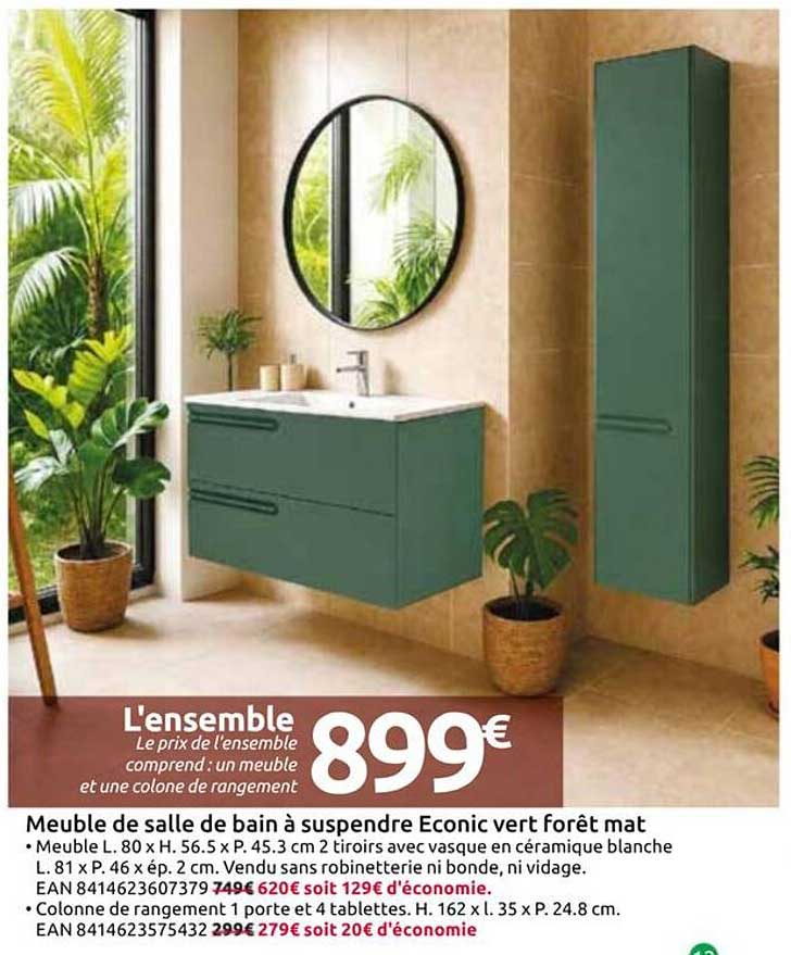 Meuble de salle de bain à suspendre Econic vert forêt mat