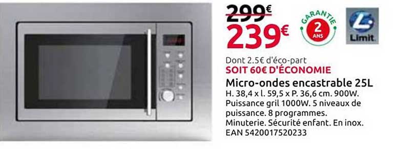 Micro-ondes encastrable 25L