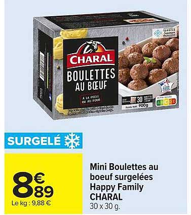 Mini Boulettes au boeuf surgelées Happy Family CHARAL 30 x 30 g.