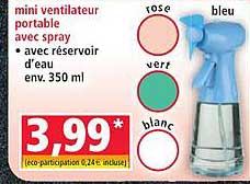 mini ventilateur portable avec spray avec réservoir d’eau env. 350 ml