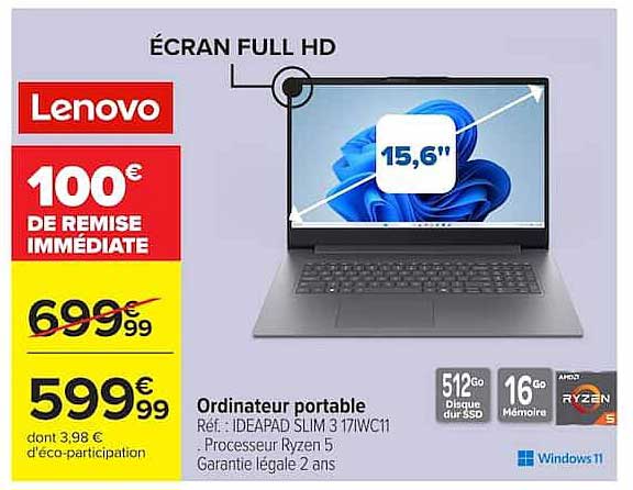 Ordinateur portable Lenovo IDEAPAD SLIM 3 17IWC1 ÉCRAN FULL HD 15,6"