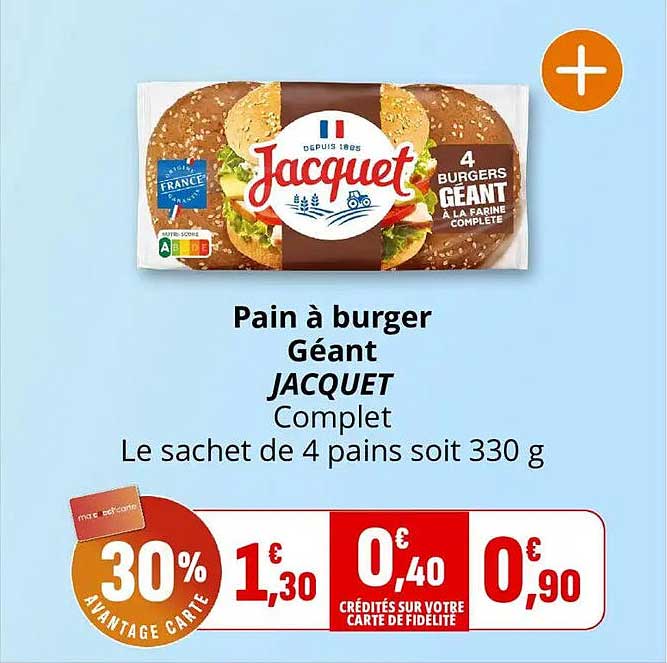Pain à burger Géant JACQUET Complet Le sachet de 4 pains soit 330 g