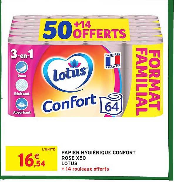 PAPIER HYGIÉNIQUE CONFORT ROSE X50 LOTUS + 14 rouleaux offerts