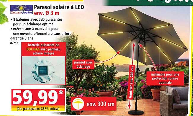 Parasol solaire à LED env. ø 3 m