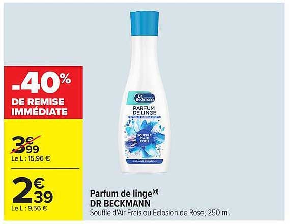 Parfum de linge(d) DR BECKMANN Souffle d'Air Frais ou Eclosion de Rose, 250 ml.