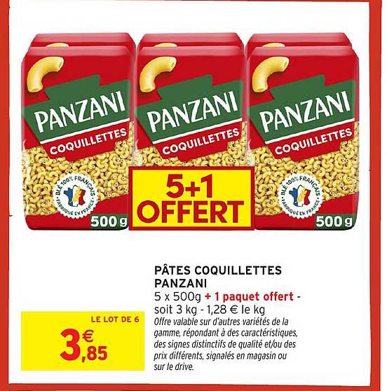 PÂTES COQUILLETTES PANZANI 5 x 500g + 1 paquet offert