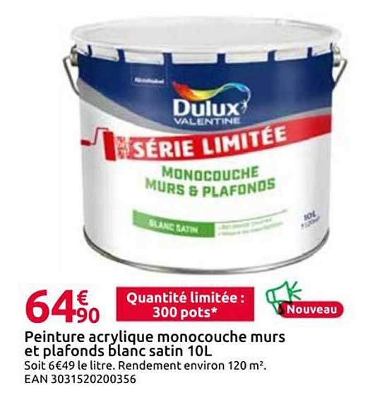 Peinture acrylique monocouche murs et plafonds blanc satin 10L