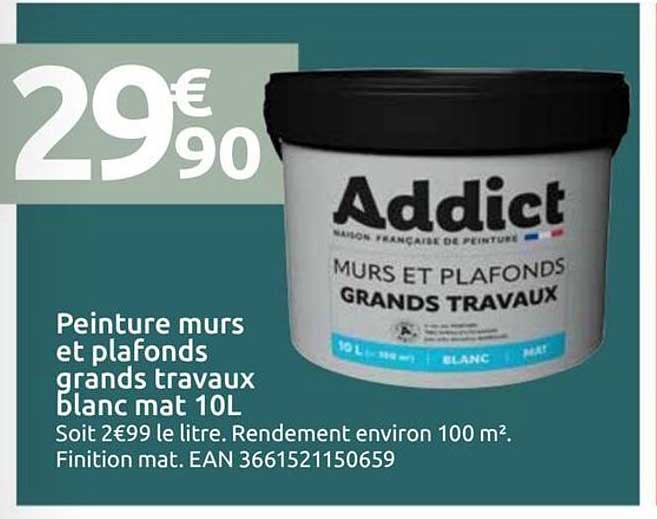 Peinture murs et plafonds grands travaux blanc mat 10L