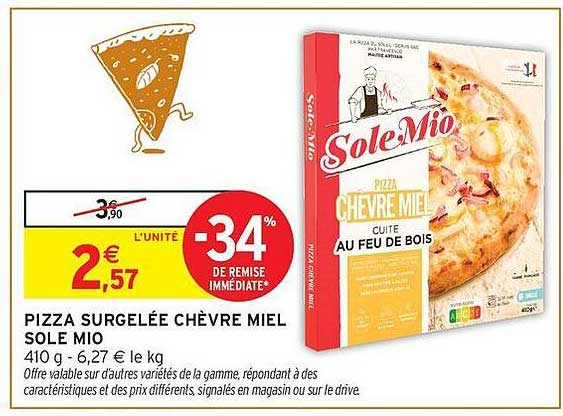 PIZZA SURGELÉE CHÈVRE MIEL SOLE MIO 410 g - 6,27 € le kg