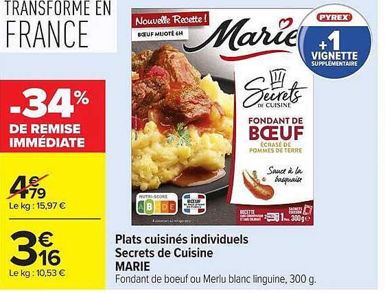 Plats cuisinés individuels Secrets de Cuisine MARIE Fondant de boeuf ou Merlu blanc lingine, 300 g.