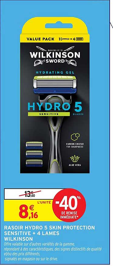 RASOIR HYDRO 5 SKIN PROTECTION SENSITIVE + 4 LAMES WILKINSON