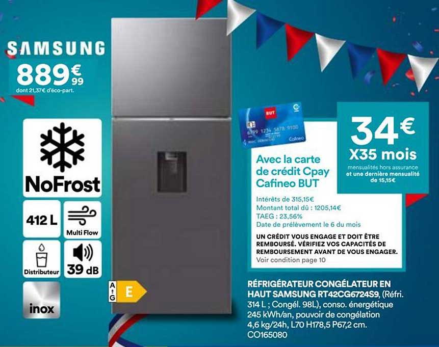 RÉFRIGÉRATEUR CONGÉLATEUR EN HAUT SAMSUNG RT42CG6724S9, (Réf. 314 L ; Congél. 98L), conso. énergétique 245 kWh/an, pouvoir de congélation 4,6 kg/24h, L70 H178,5 P67,2 cm. CO165080