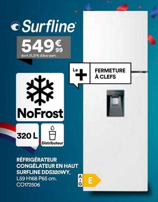RÉFRIGÉRATEUR CONGÉLATEUR EN HAUT SURFLINE DDS320WY, L59 H168 P65 cm. CO172506