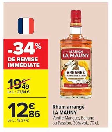Rhum arrangé LA MAUNY Vanille Mangue, Banane ou Passion, 30% vol., 70 cl.