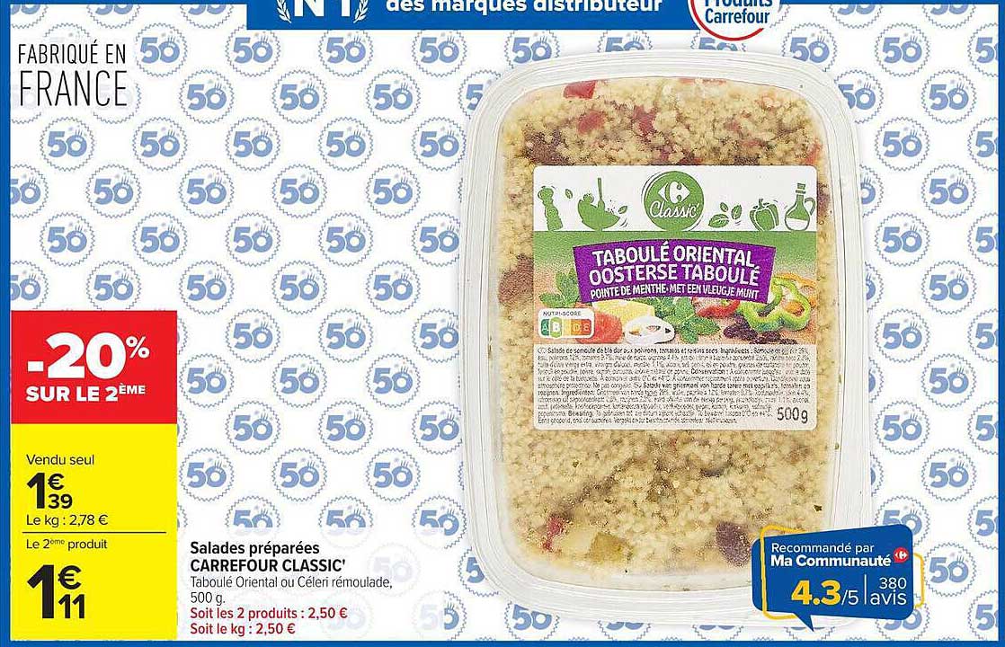 Salades préparées CARREFOUR CLASSIC' Taboulé Oriental ou Céleri rémoulade, 500 g