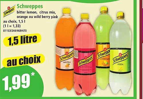 Schweppes bitter lemon, citrus mix, orange ou wild berry pink au choix, 1,5 l (1 l = 1,33) 81153/244/469/470 1,5 litre au choix
