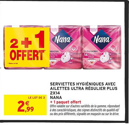 SERVIETTES HYGIÉNIQUES AVEC AILETTES ULTRA RÉGULIER PLUS 2X14 NANA + 1 paquet offert