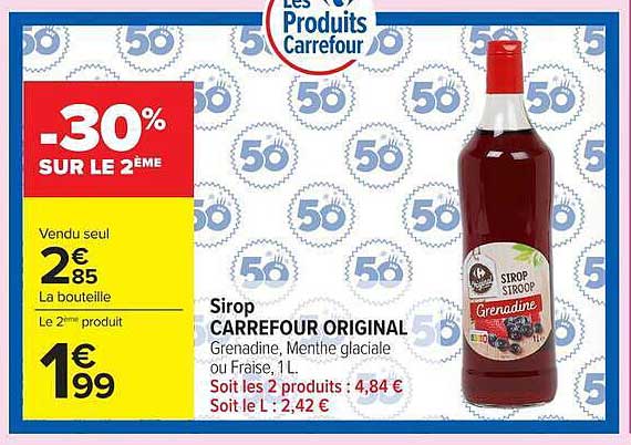 Sirop CARREFOUR ORIGINAL Grenadine, Menthe glaciale ou Fraise, 1 L