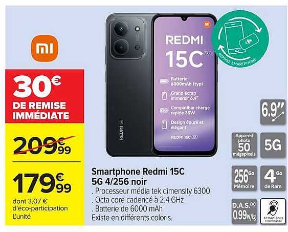 Smartphone Redmi 15C 5G 4/256 noir