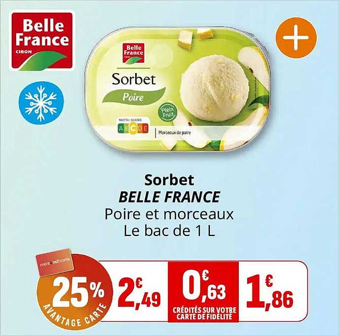 Sorbet BELLE FRANCE Poire et morceaux Le bac de 1 L