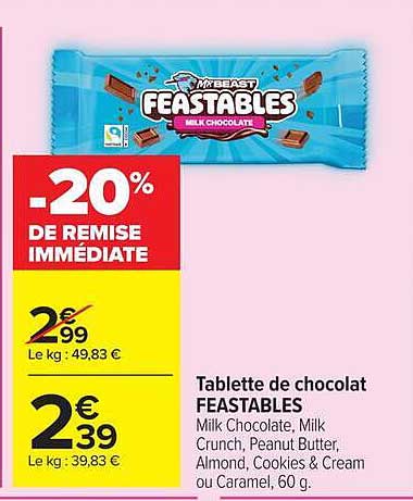 Tablette de chocolat FEASTABLES Milk Chocolate, Milk Crunch, Peanut Butter, Almond, Cookies & Cream ou Caramel, 60 g.