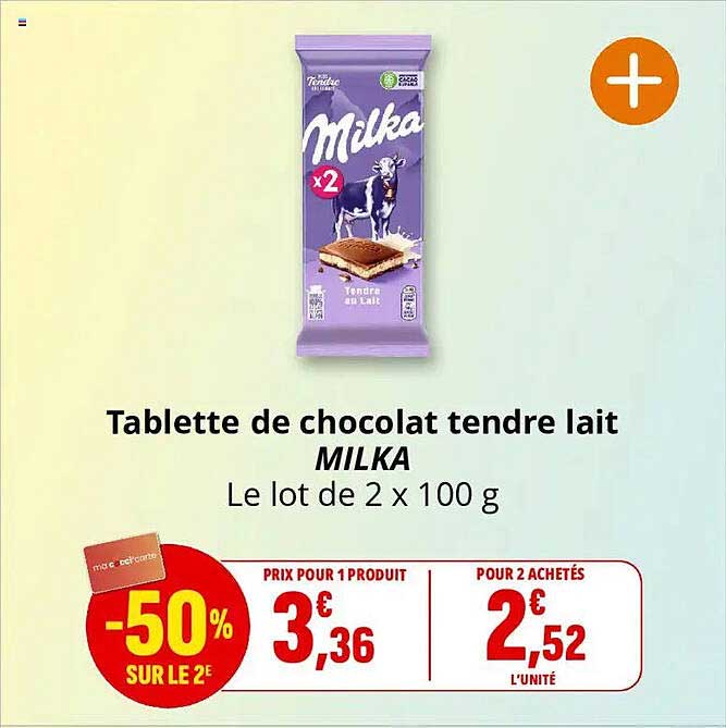 Tablette de chocolat tendre lait MILKA Le lot de 2 x 100 g