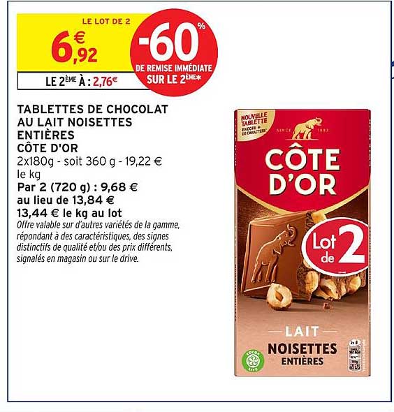 TABLETTES DE CHOCOLAT AU LAIT NOISETTES ENTIÈRES CÔTE D'OR