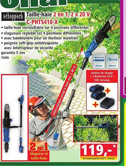 Taille-haie 2 en 1, 2 x 20 V C-PHTS410-X