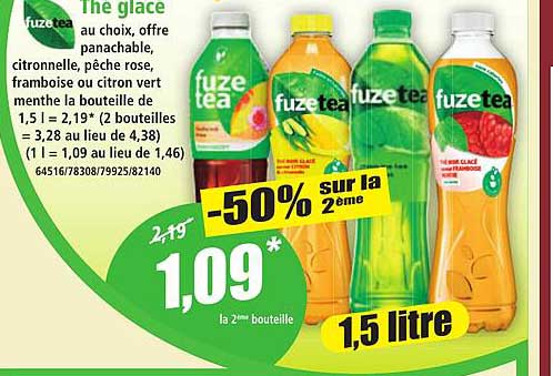 The glacé au choix, offre panachable, citronnelle, pêche rose, framboise ou citron vert menthe, la bouteille de 1,5 l