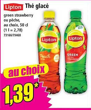 Thé glacé green strawberry ou pêche, au choix, 50 cl (1 l = 2,78)