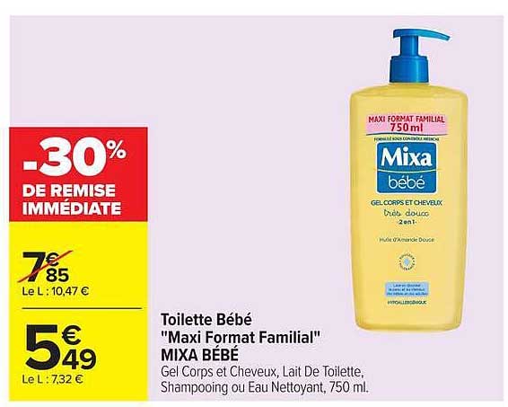 Toilette Bébé "Maxi Format Familial" MIXA BÉBÉ Gel Corps et Cheveux, Lait De Toilette, Shampoing ou Eau Nettoyant, 750 ml.